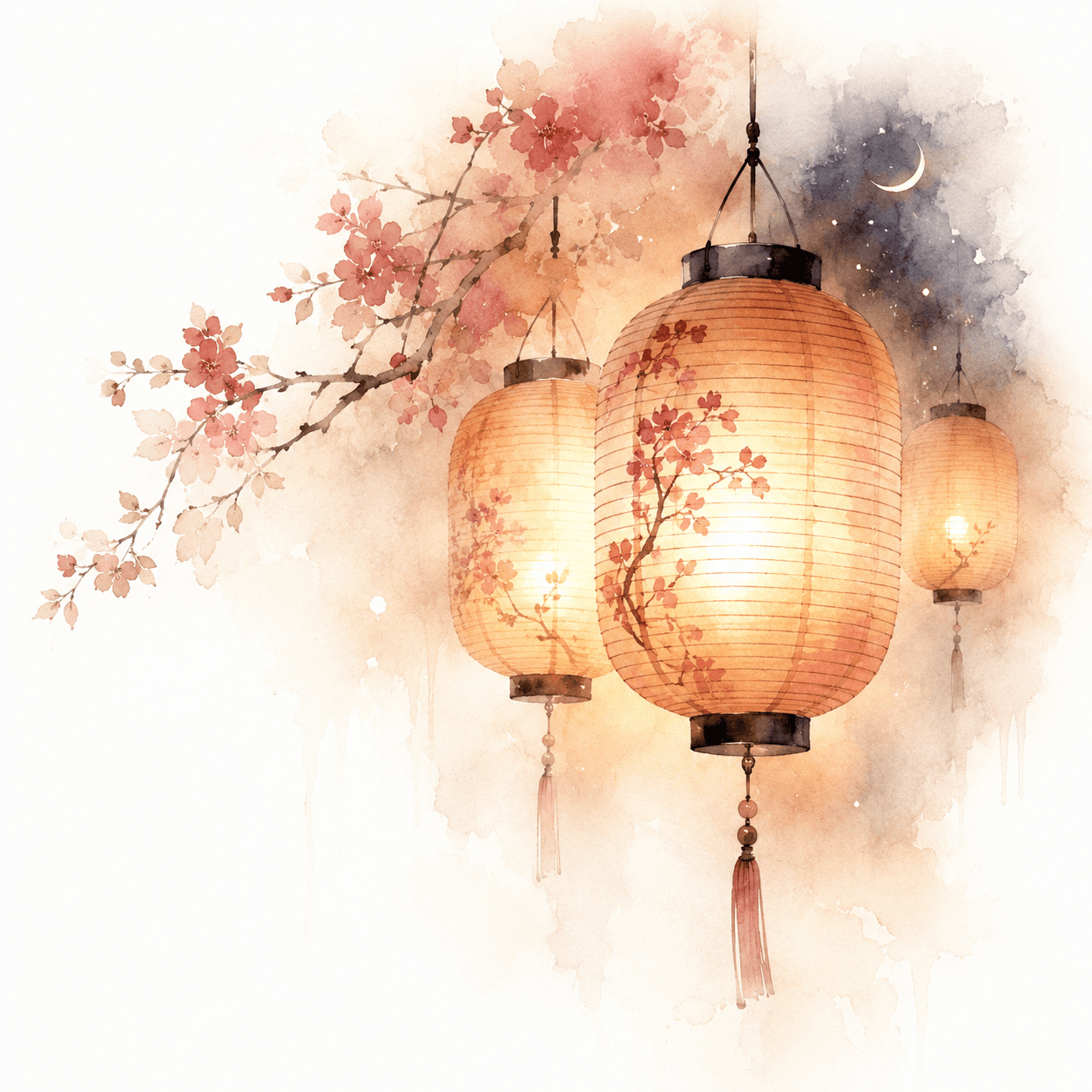 Aquarell-Illustration: leuchtende Laternen und Lichter bei Nacht