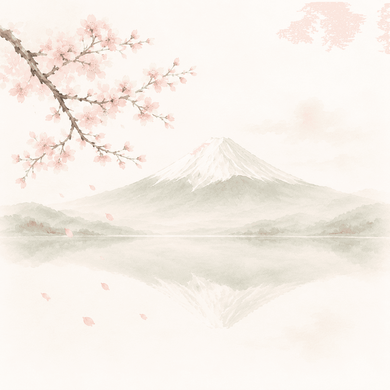 Aquarell einer Landstraße in Japan mit dem Fuji im Hintergrund