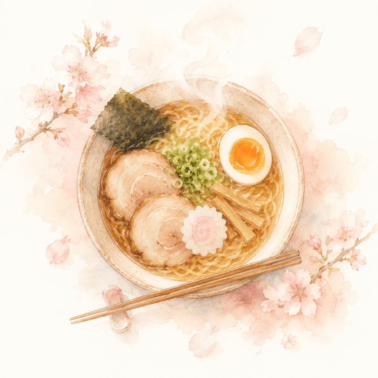 Aquarell einer dampfenden Ramen-Schüssel mit Stäbchen