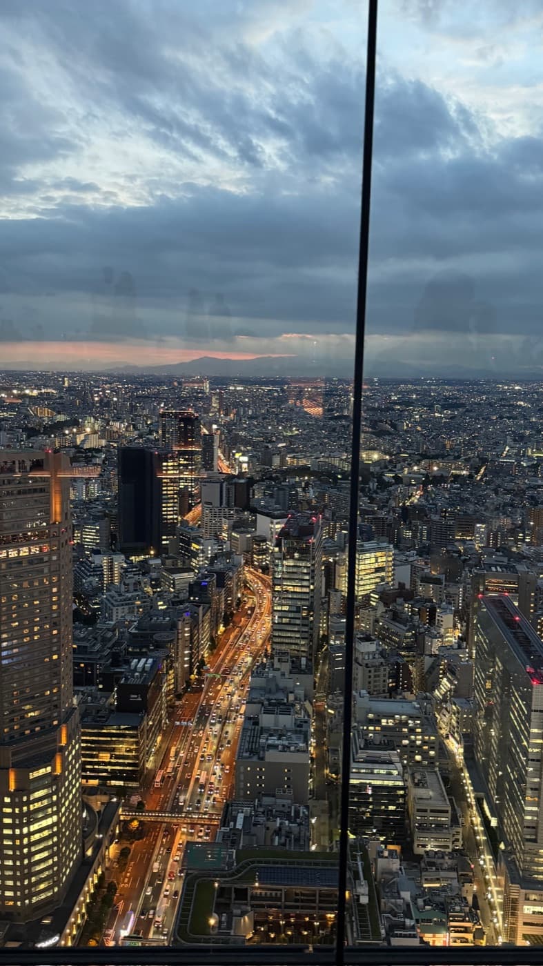 Blick von Shibuya Sky auf eine beleuchtete Hauptstraße in der Dämmerung, am Horizont Berge