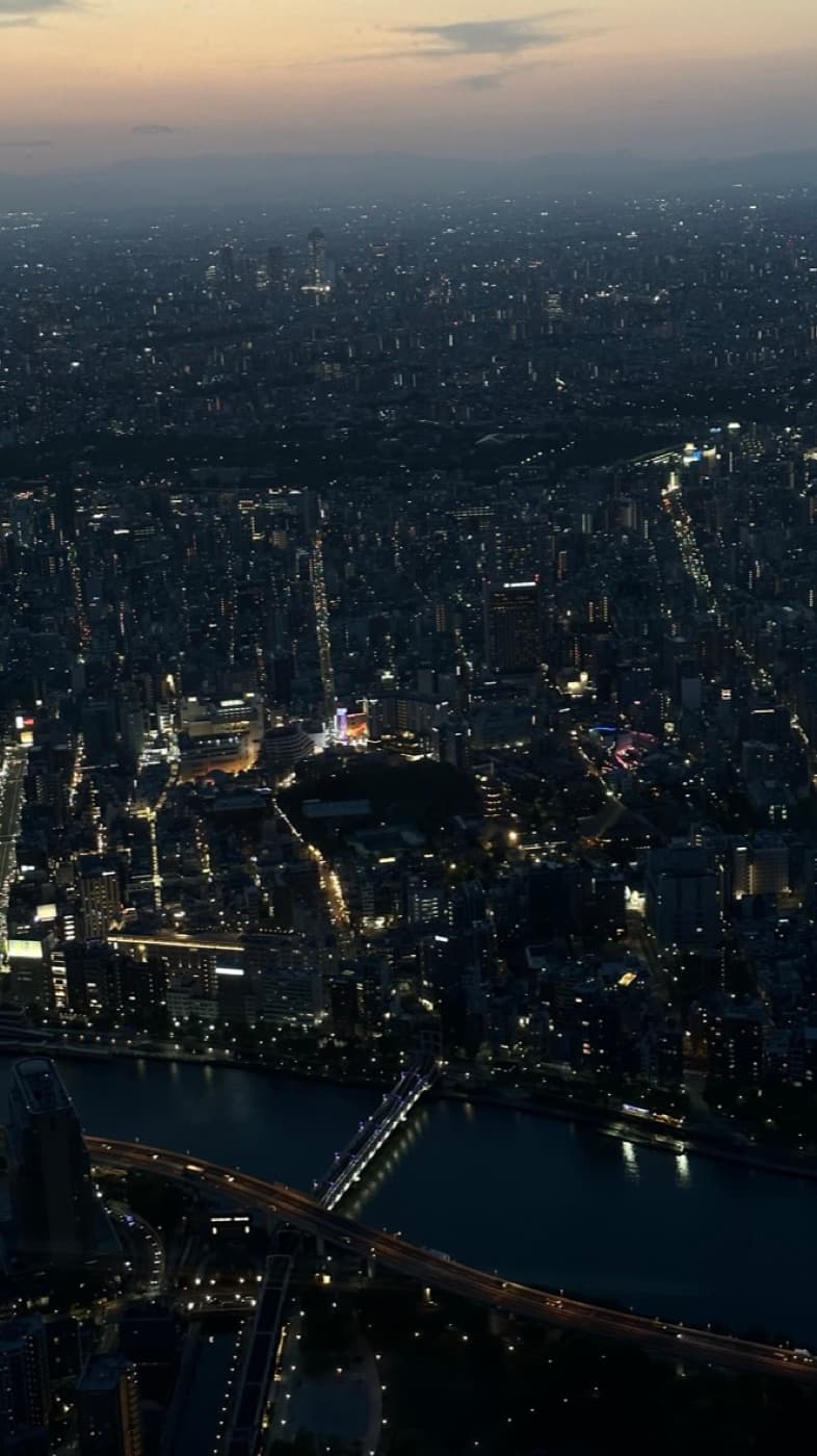 Blick vom Tokyo Skytree in der Dämmerung über die Sumida und die Lichter Tokios