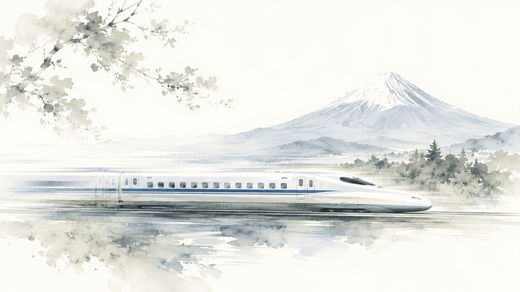 Aquarell eines Shinkansen vor dem Fuji