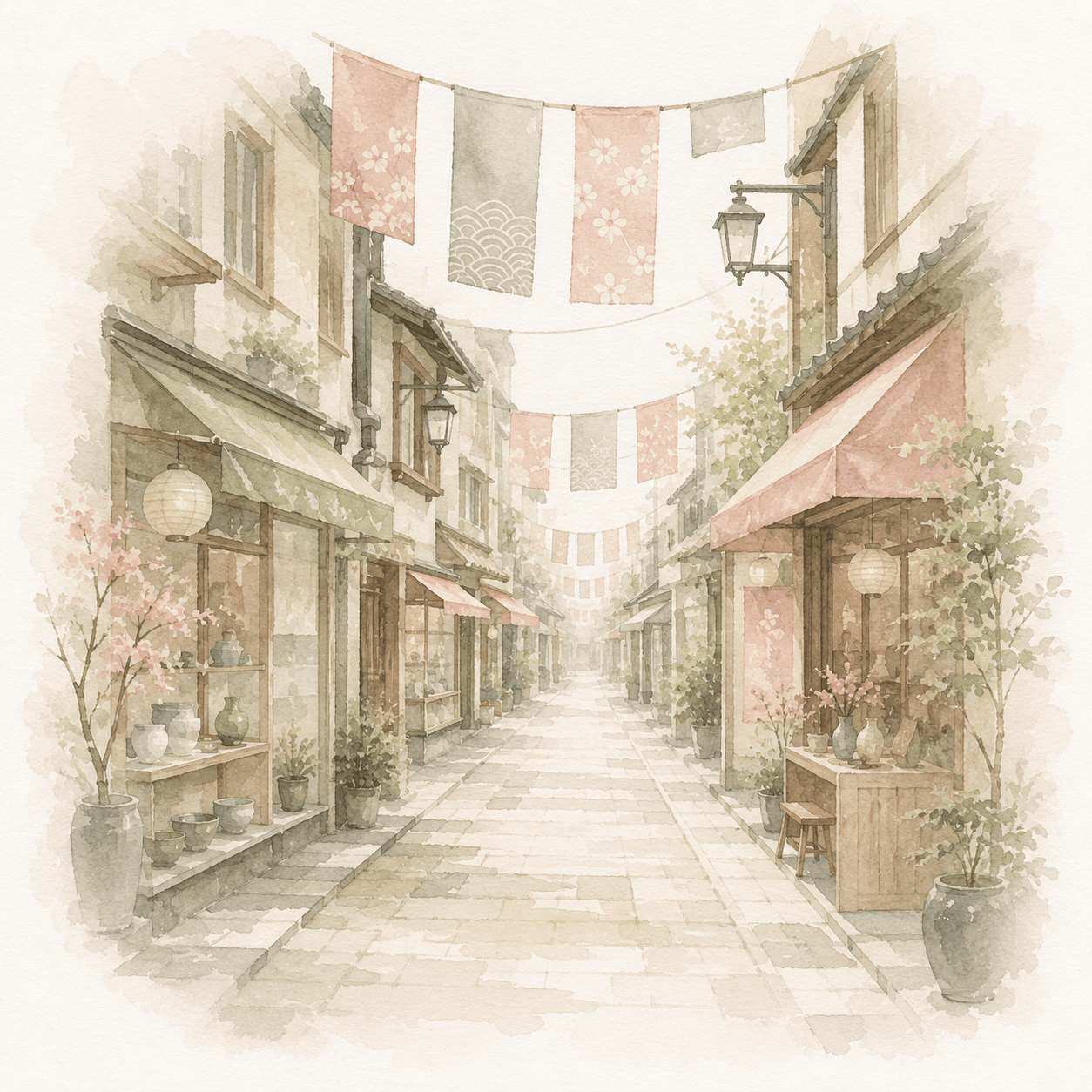 Aquarell einer japanischen Einkaufsstraße